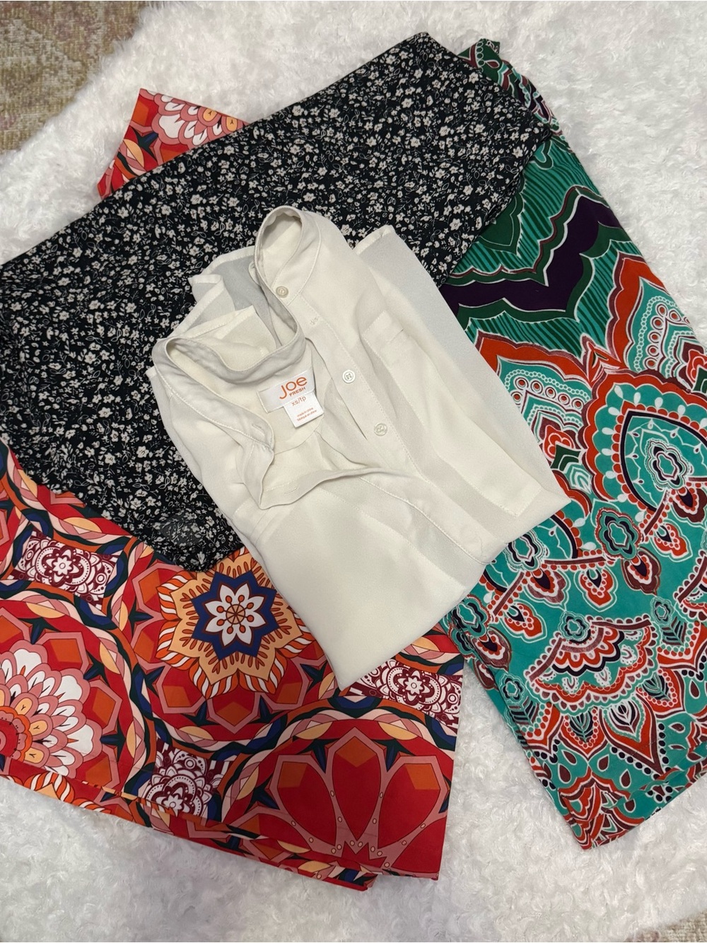 BUNDLE - White Blouse with Colorful Patterned Pants & Maxi Skirt Set